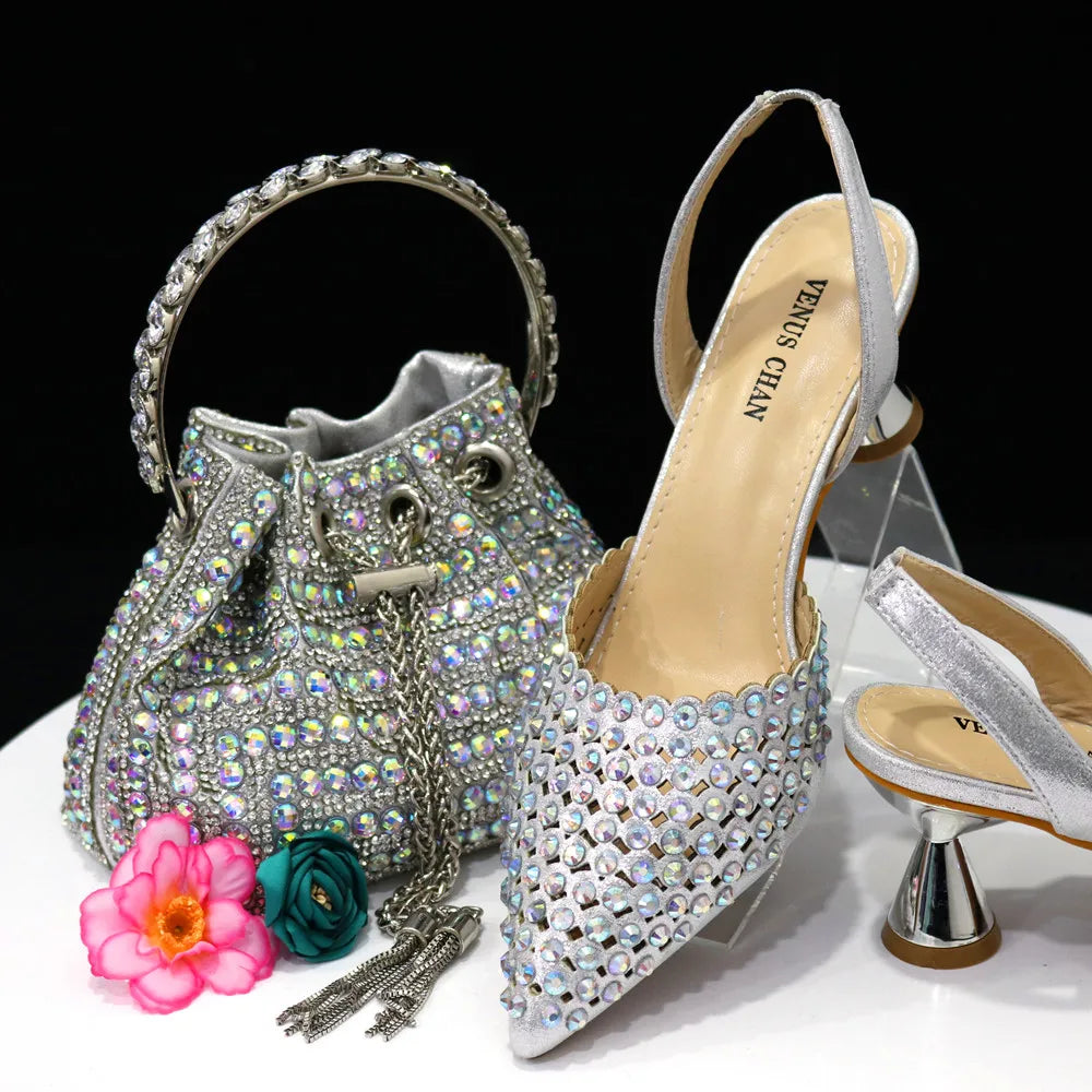 Venus Chan 2023 New INS High-Heeled Pointed Toe Wedding Shoes Colorful Full Diamond Design Shoe and Bag Set for Nigeria Party