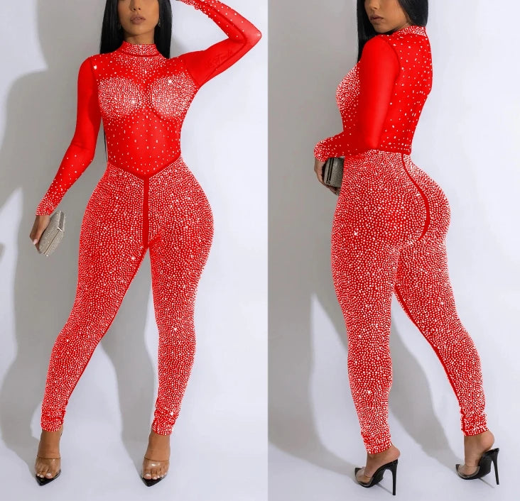 Sexy Party Jumpsuits Women 2024 Autumn Solid Mesh Diamond Fashion Long Sleeve Pants Jumpsuit Clubwear Female Overalls Streetwear