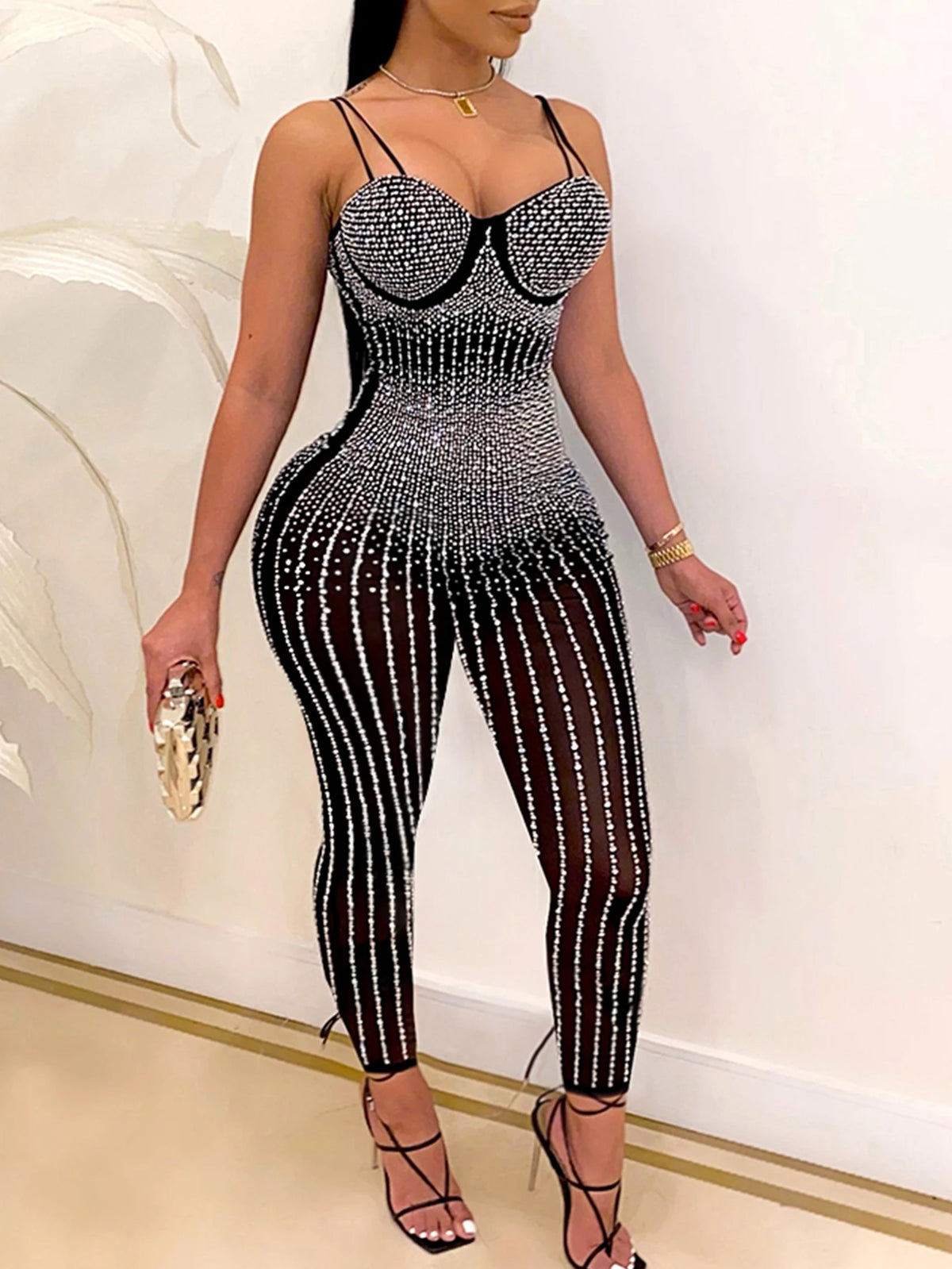 Sexy see through mesh Rhinestone jumpsuit women 2024 summer body birthday party club outfits slip one pieces bodycon jumpsuits