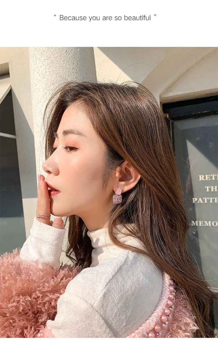 S925 Silver Needle Purple Personality Square Rhinestone Dripping Oil New Temperament Net Red Earrings Wedding Gift Jewelry