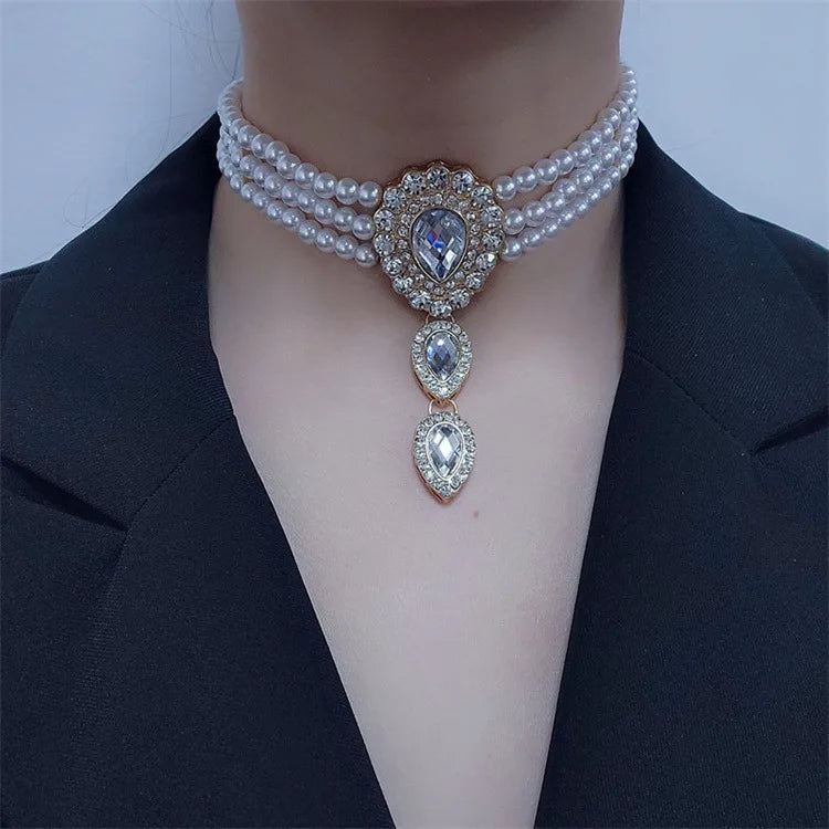 New Elegant Baroque Pearl Multi-layer Necklace for Women Party Wedding Vintage Fashion Luxury Zircon Bracelet Choker Jewelry Set