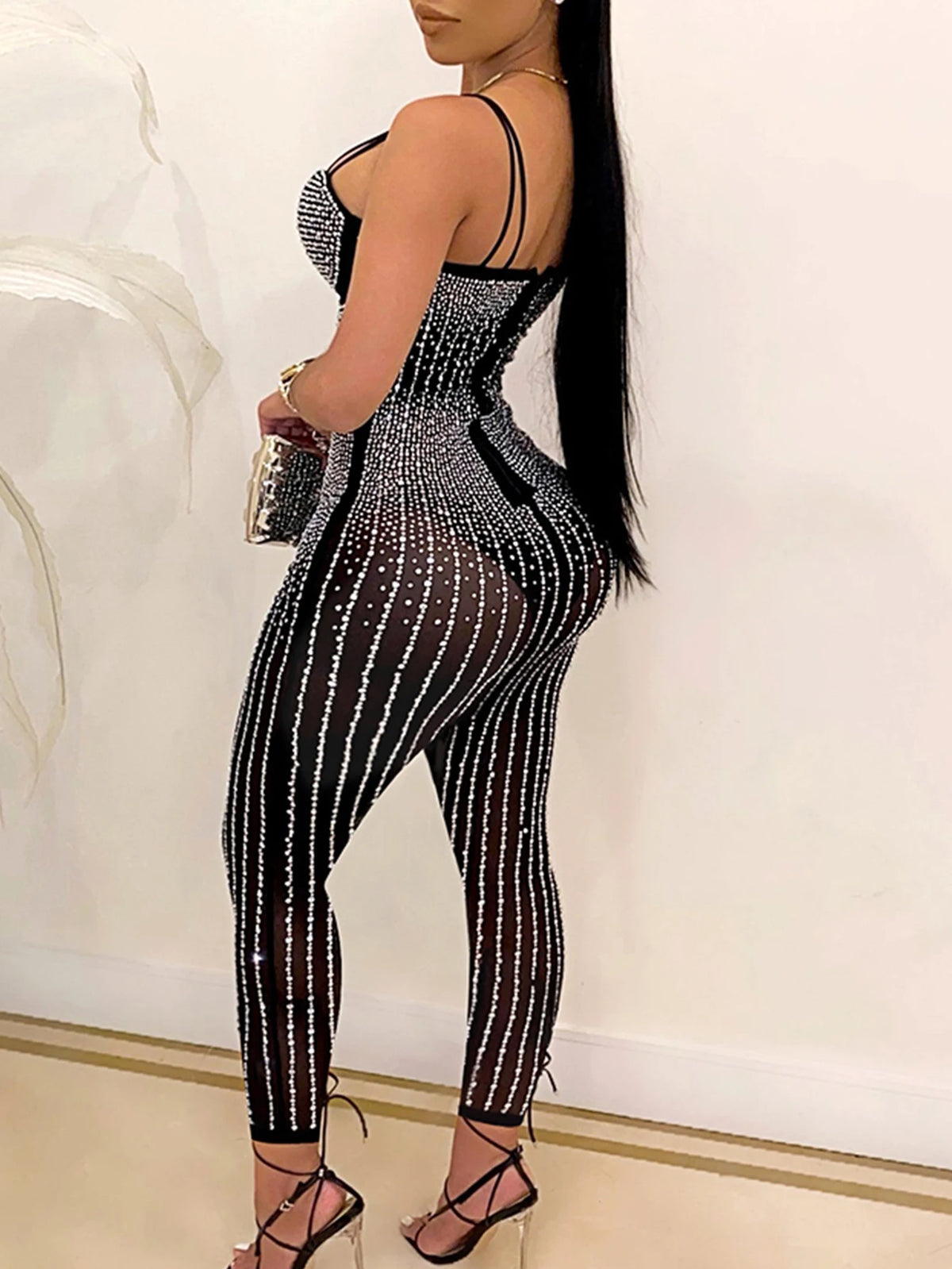 Sexy see through mesh Rhinestone jumpsuit women 2024 summer body birthday party club outfits slip one pieces bodycon jumpsuits