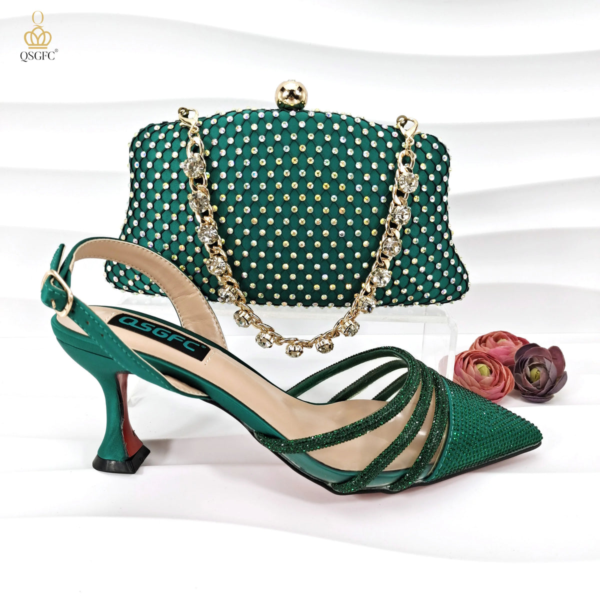 QSGFC New Nigerian Popular Sparkling Full Diamond Decoration Simple Versatile Wine Women's Shoes and Party Wedding Bags