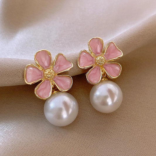 Pink Enamel Oil Flower Drop Earrings Elegant Imitation Pearl Dangle Earrings for Women Wedding Party Cute Korean Jewelry Gift