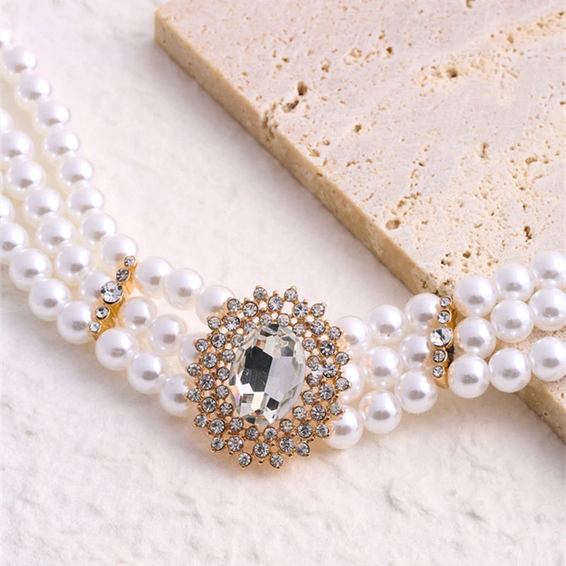 New Elegant Baroque Pearl Multi-layer Necklace for Women Party Wedding Vintage Fashion Luxury Zircon Bracelet Choker Jewelry Set