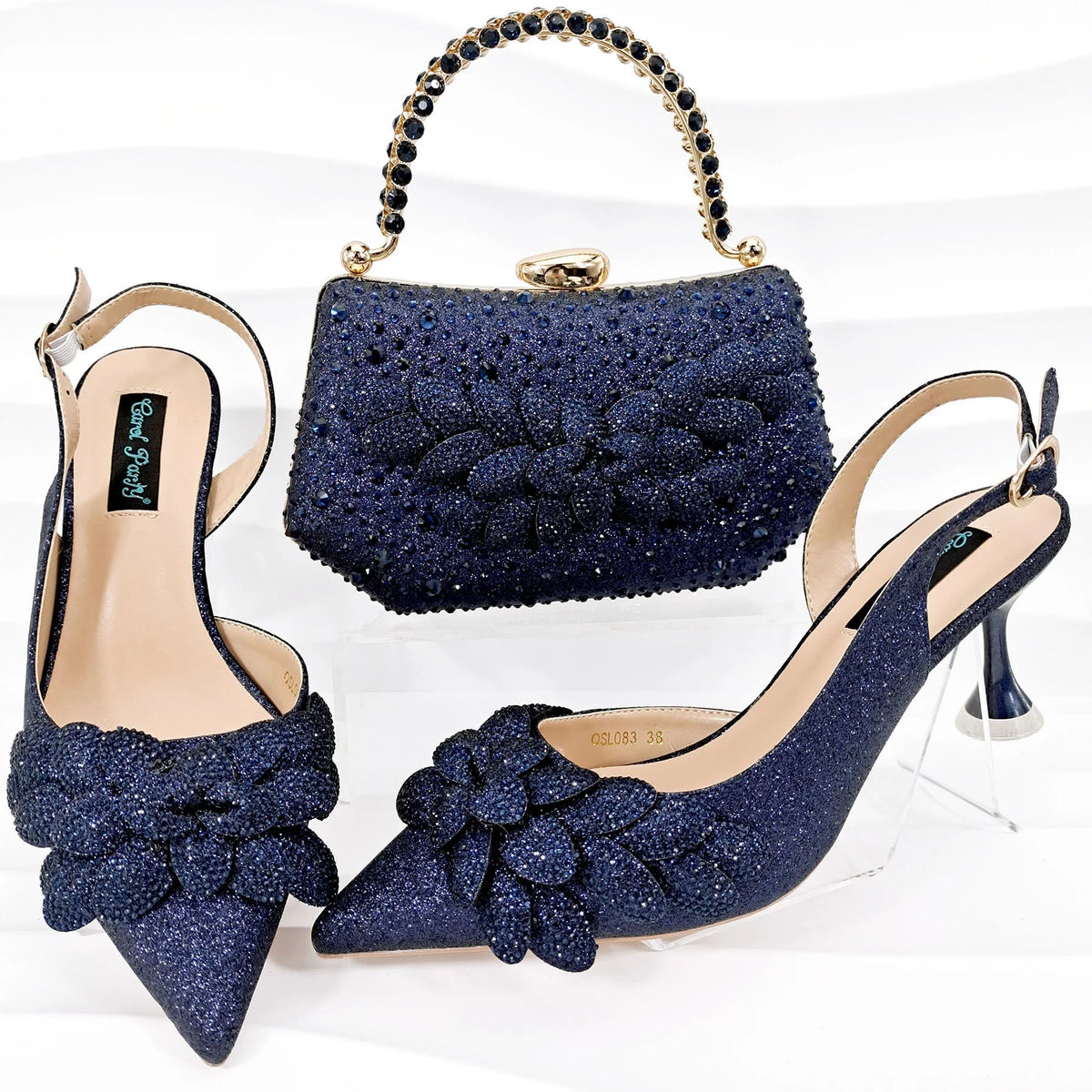 New Nigerian Best Selling Handmade Garland Gag and Shoes Fashionable Elegant Pointed Toe Women's Pumps Crystal Handle Clutch