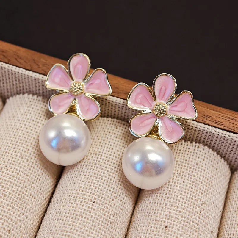 Pink Enamel Oil Flower Drop Earrings Elegant Imitation Pearl Dangle Earrings for Women Wedding Party Cute Korean Jewelry Gift
