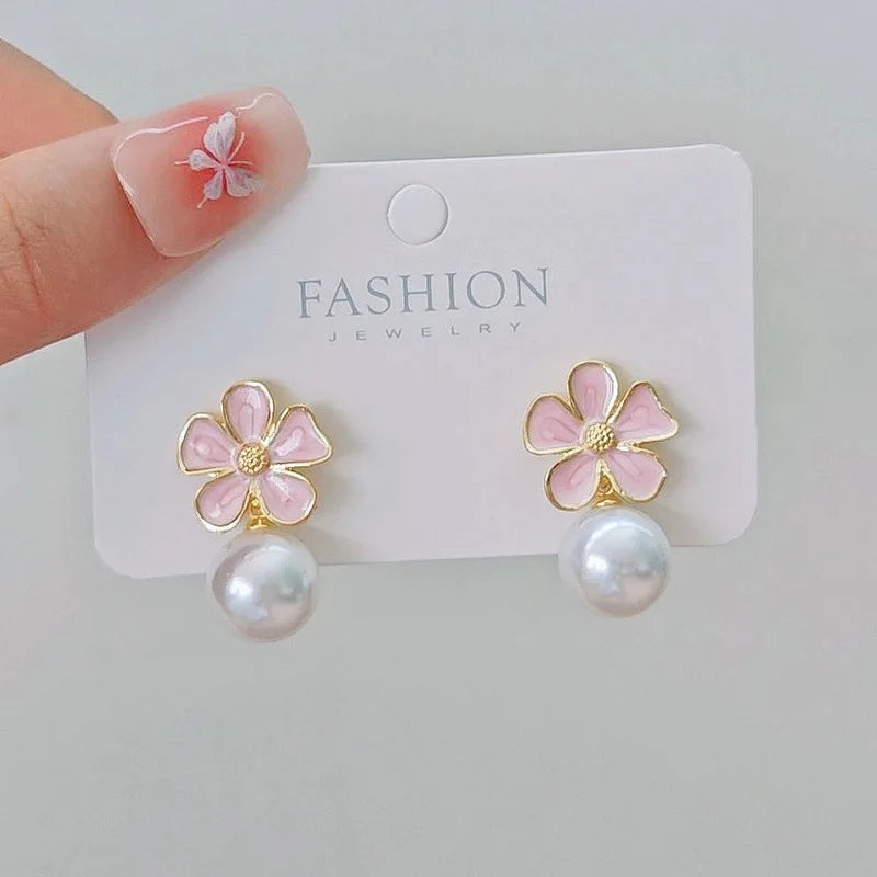 Pink Enamel Oil Flower Drop Earrings Elegant Imitation Pearl Dangle Earrings for Women Wedding Party Cute Korean Jewelry Gift