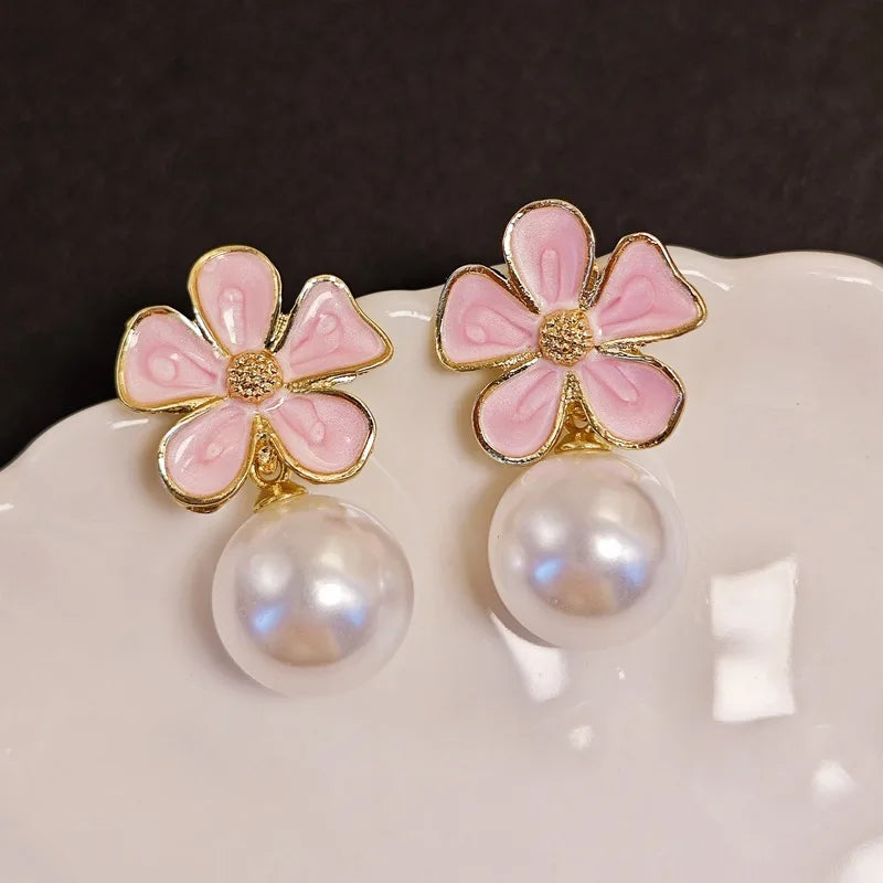 Pink Enamel Oil Flower Drop Earrings Elegant Imitation Pearl Dangle Earrings for Women Wedding Party Cute Korean Jewelry Gift