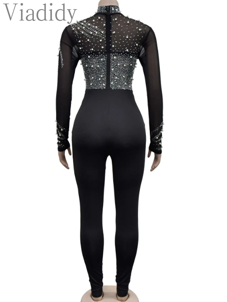 Pearls Rhinestone Romper for Women Jumpsuits Mesh See Through Skinny One Piece Overalls