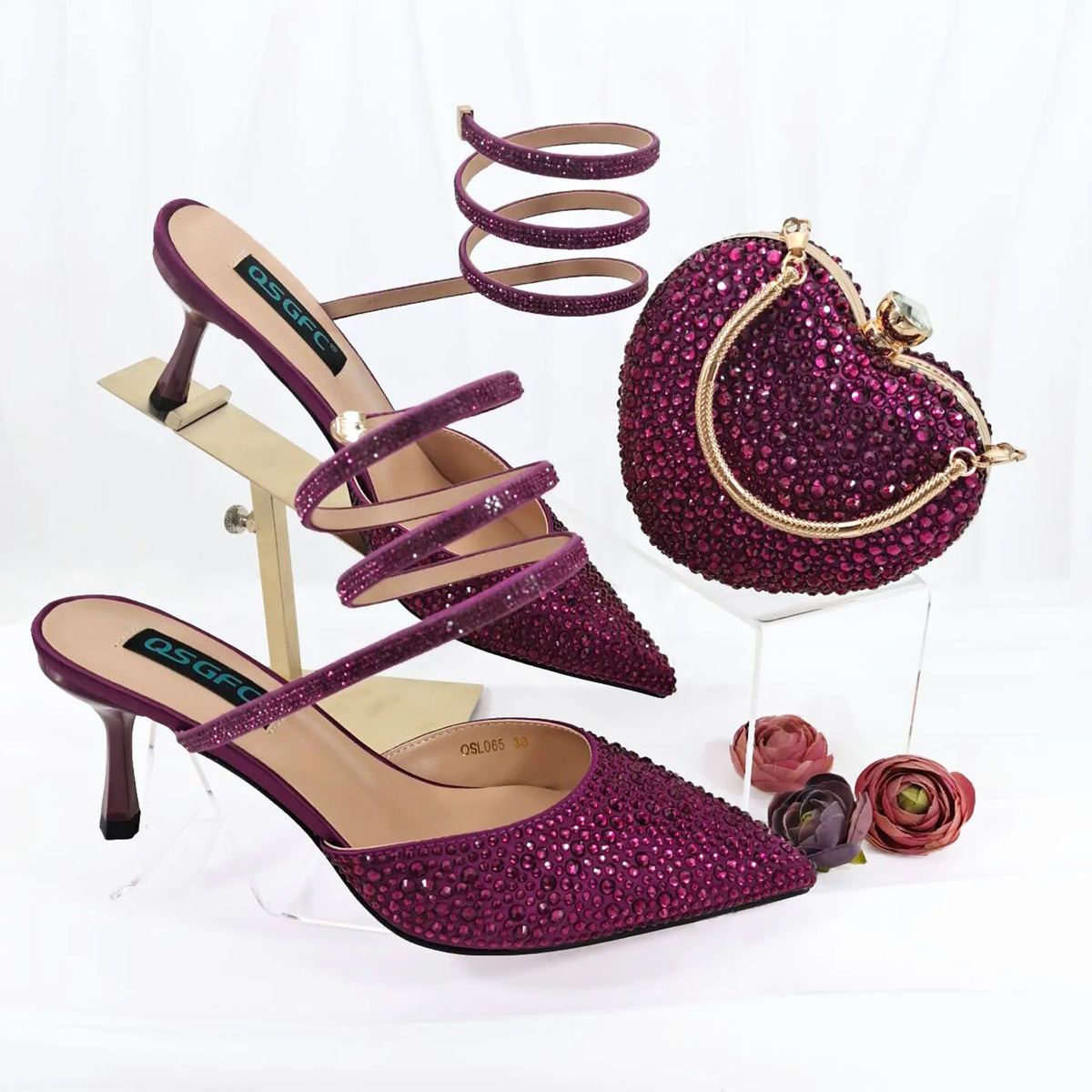 QSGFC Fashionable Girly Style Shoes And Bag Full Diamond Women's Pointed Toe High Heels African Popular Wedding Shoes and Bag