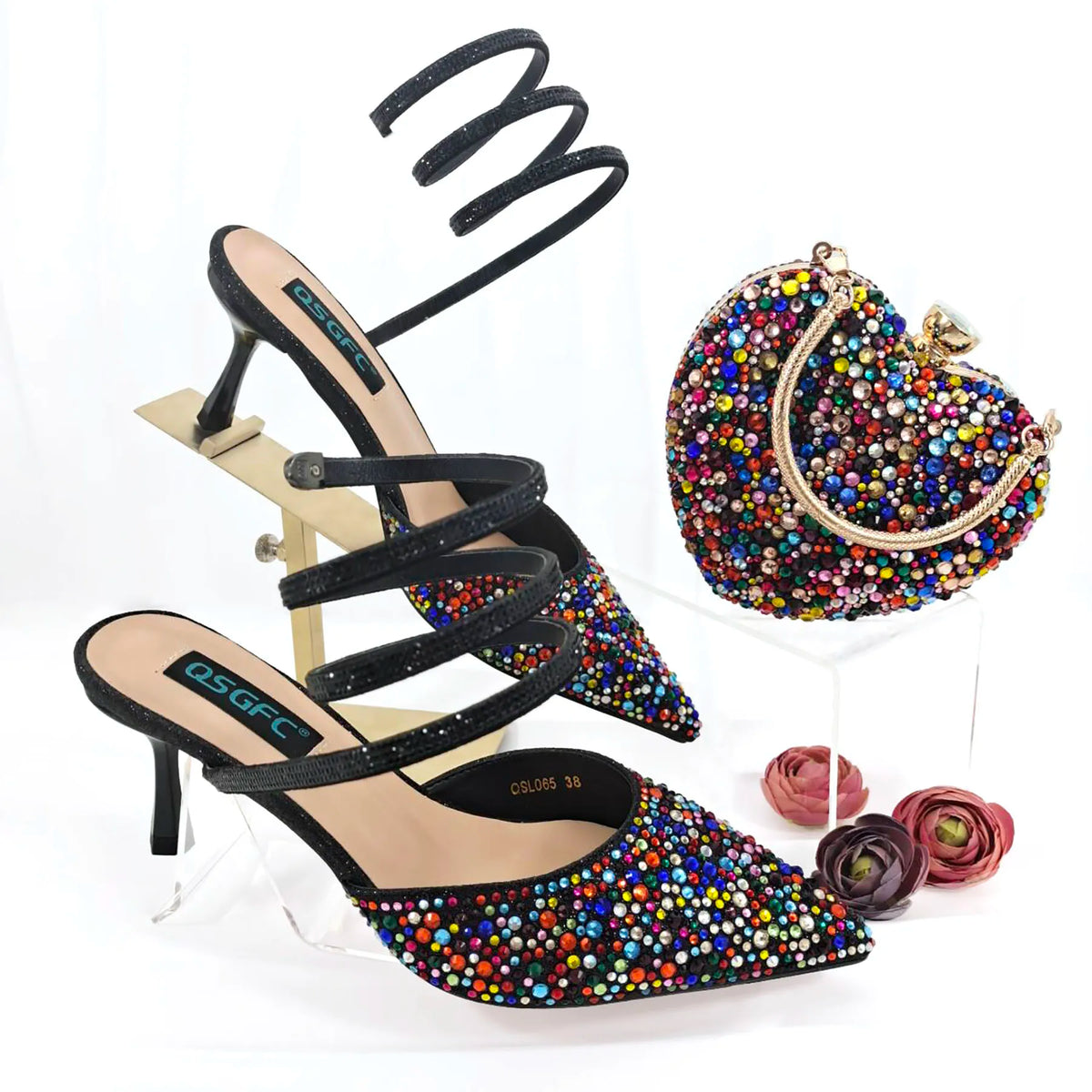 QSGFC Fashionable Girly Style Shoes And Bag Full Diamond Women's Pointed Toe High Heels African Popular Wedding Shoes and Bag
