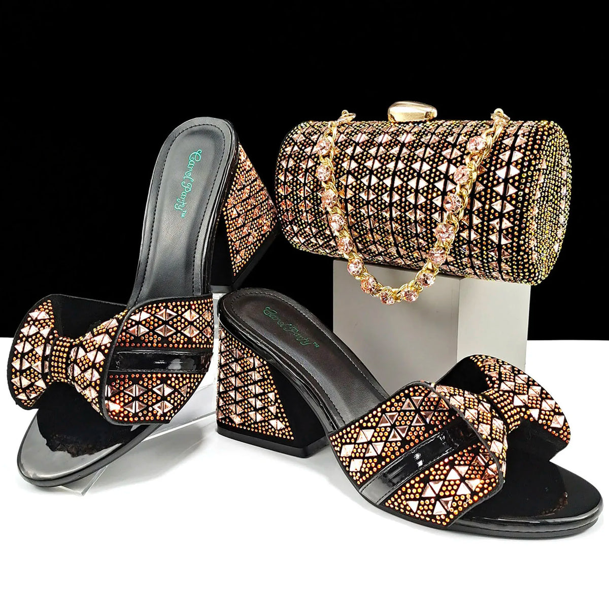 QSGFC Italian Fashion Banquet Shoes and Bags African Women's Hand Bags with Rhinestone Decoration and Women's High Heels