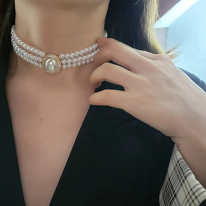 New Elegant Baroque Pearl Multi-layer Necklace for Women Party Wedding Vintage Fashion Luxury Zircon Bracelet Choker Jewelry Set