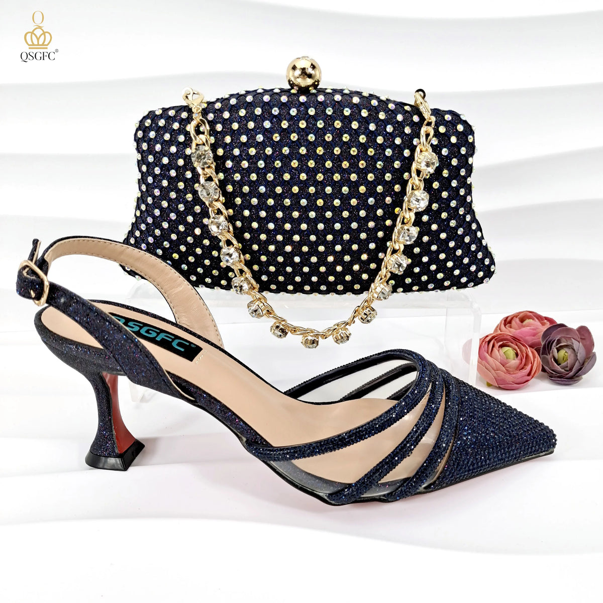 QSGFC New Nigerian Popular Sparkling Full Diamond Decoration Simple Versatile Wine Women's Shoes and Party Wedding Bags