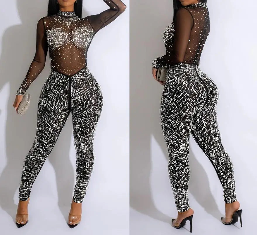 Sexy Party Jumpsuits Women 2024 Autumn Solid Mesh Diamond Fashion Long Sleeve Pants Jumpsuit Clubwear Female Overalls Streetwear