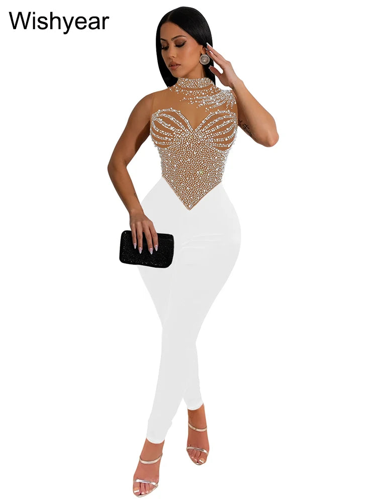 Wishyear Sparkle Pearls Rhinestones Patchwork Long Pants Jumpsuits Women's Sleeveless Night Out Rompers Birthday Evening Outfits