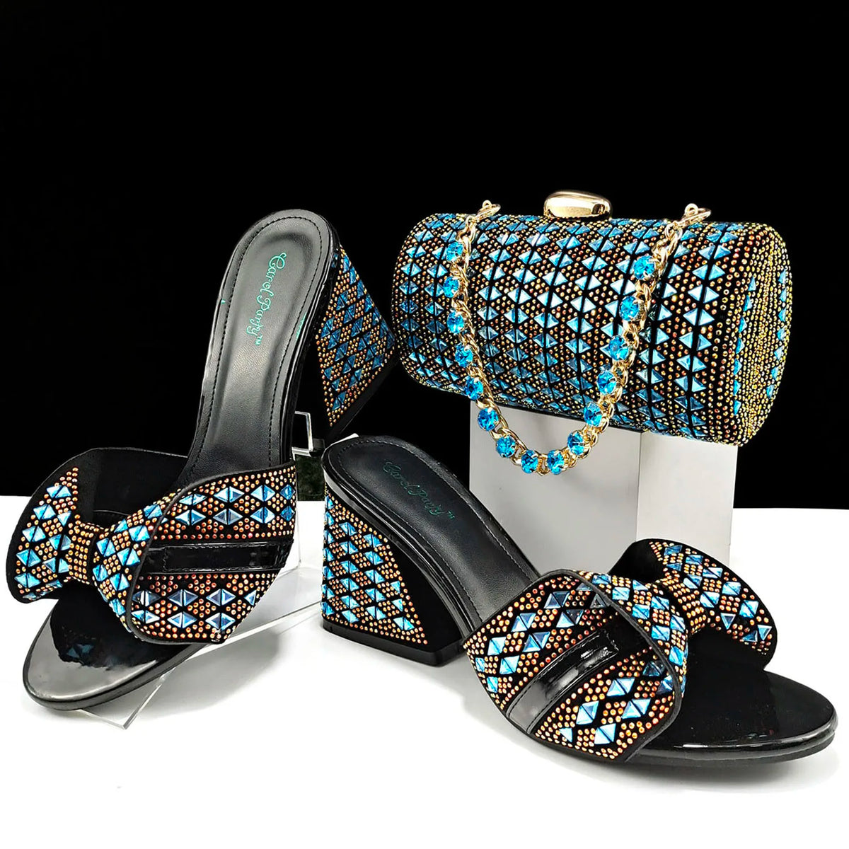 QSGFC Italian Fashion Banquet Shoes and Bags African Women's Hand Bags with Rhinestone Decoration and Women's High Heels