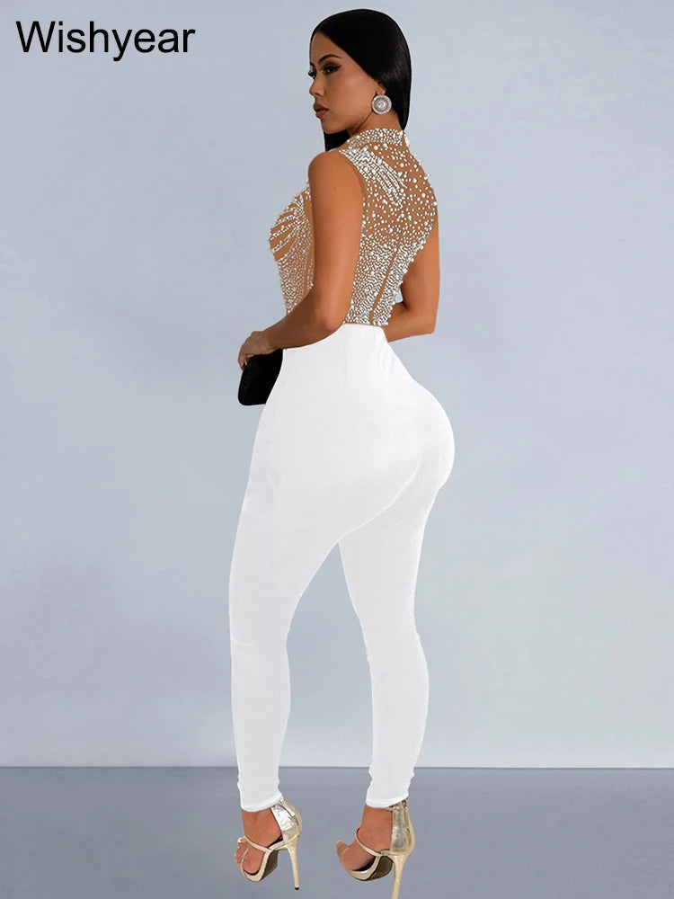 Wishyear Sparkle Pearls Rhinestones Patchwork Long Pants Jumpsuits Women's Sleeveless Night Out Rompers Birthday Evening Outfits