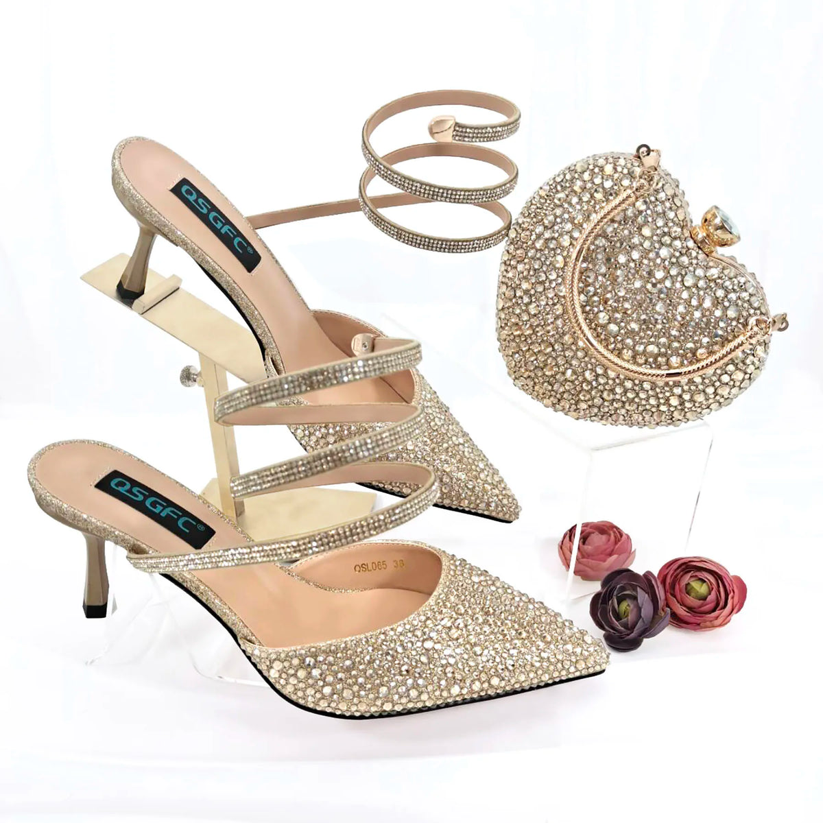 QSGFC Fashionable Girly Style Shoes And Bag Full Diamond Women's Pointed Toe High Heels African Popular Wedding Shoes and Bag