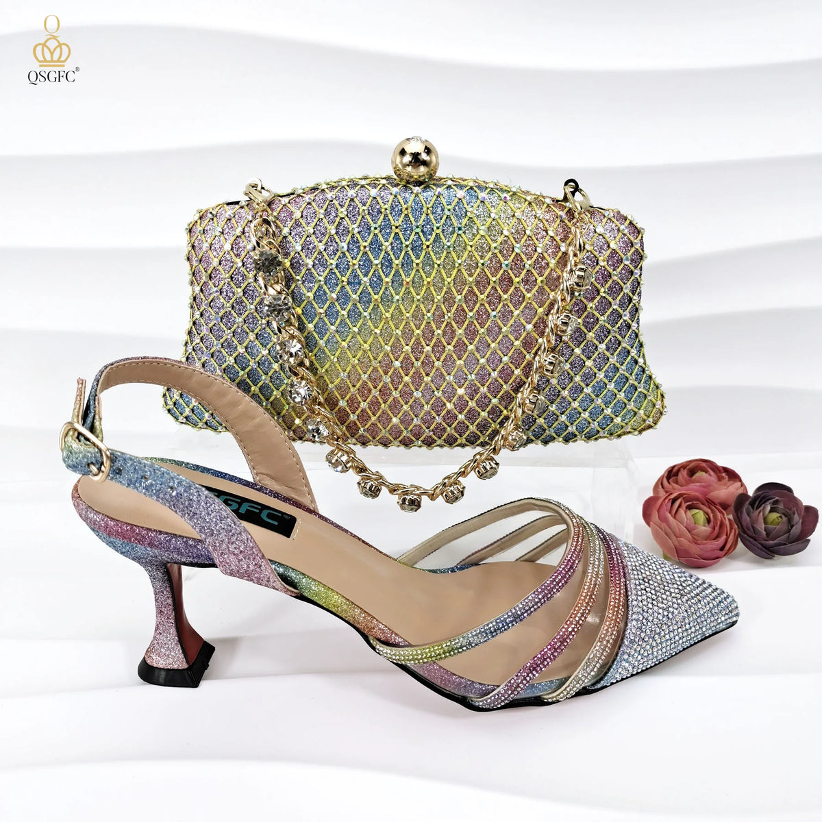 QSGFC New Nigerian Popular Sparkling Full Diamond Decoration Simple Versatile Wine Women's Shoes and Party Wedding Bags