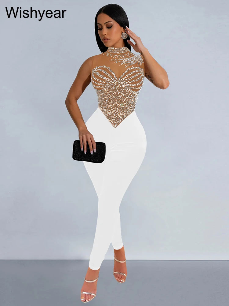 Wishyear Sparkle Pearls Rhinestones Patchwork Long Pants Jumpsuits Women's Sleeveless Night Out Rompers Birthday Evening Outfits