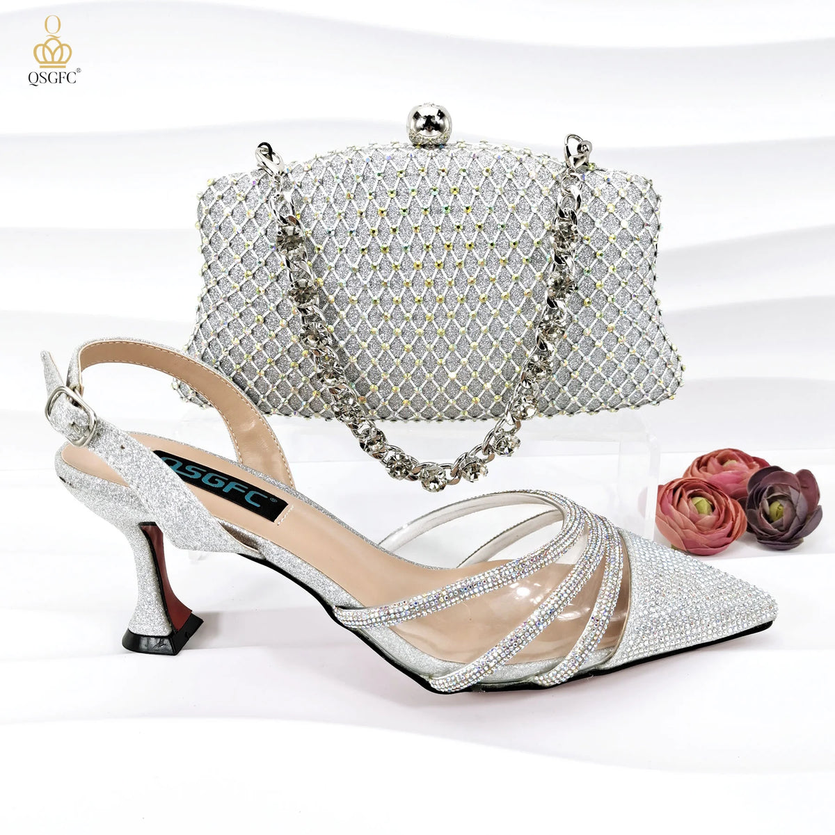 QSGFC New Nigerian Popular Sparkling Full Diamond Decoration Simple Versatile Wine Women's Shoes and Party Wedding Bags