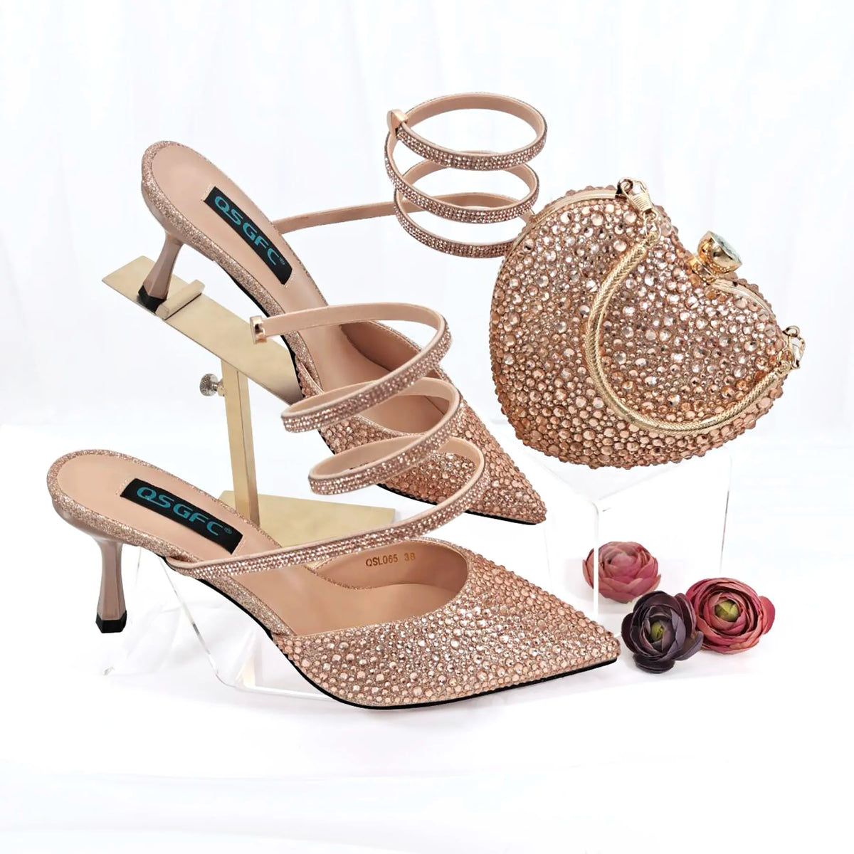 QSGFC Fashionable Girly Style Shoes And Bag Full Diamond Women's Pointed Toe High Heels African Popular Wedding Shoes and Bag