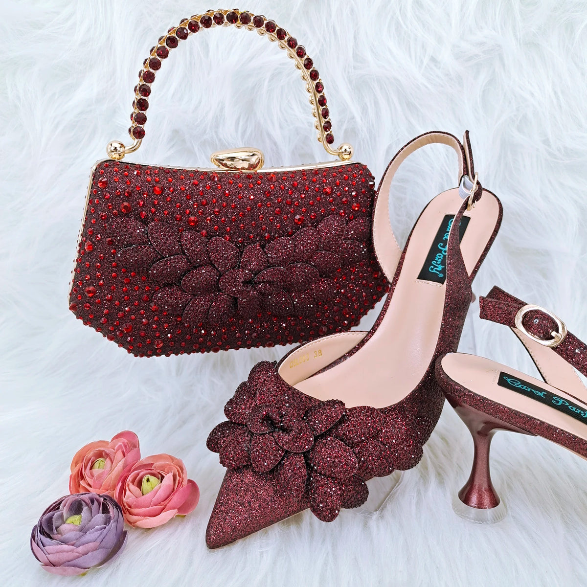 New Nigerian Best Selling Handmade Garland Gag and Shoes Fashionable Elegant Pointed Toe Women's Pumps Crystal Handle Clutch