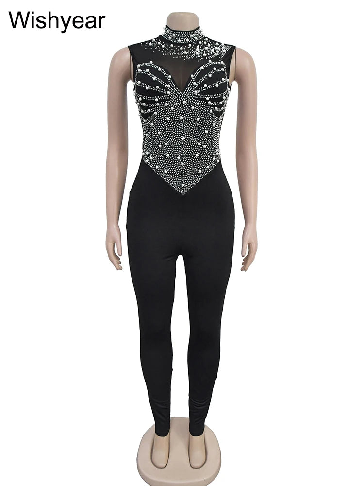 Wishyear Sparkle Pearls Rhinestones Patchwork Long Pants Jumpsuits Women's Sleeveless Night Out Rompers Birthday Evening Outfits