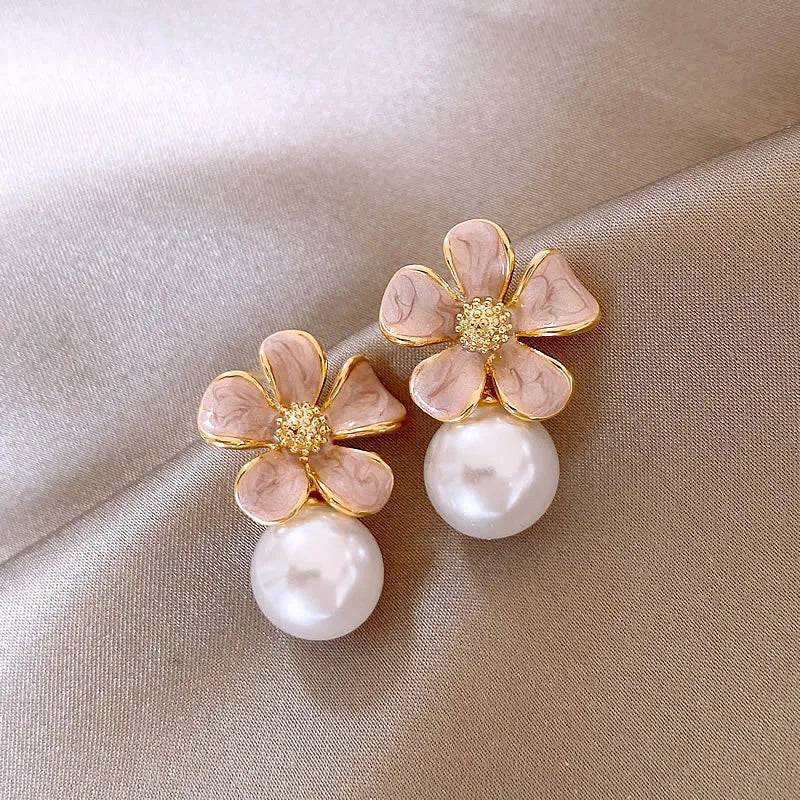 Pink Enamel Oil Flower Drop Earrings Elegant Imitation Pearl Dangle Earrings for Women Wedding Party Cute Korean Jewelry Gift