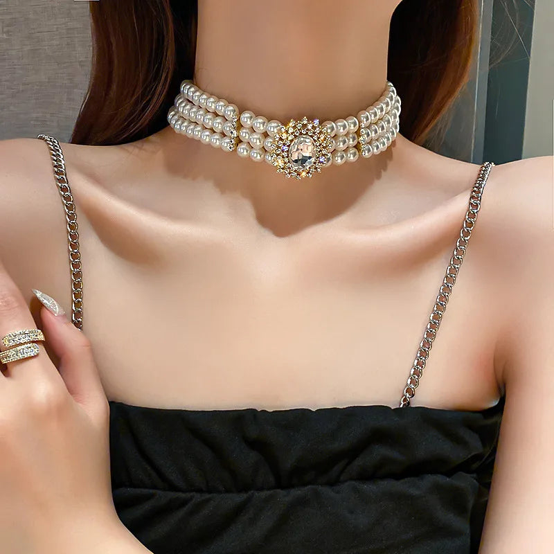 New Elegant Baroque Pearl Multi-layer Necklace for Women Party Wedding Vintage Fashion Luxury Zircon Bracelet Choker Jewelry Set