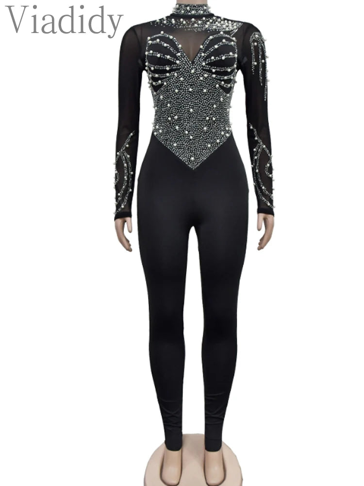 Pearls Rhinestone Romper for Women Jumpsuits Mesh See Through Skinny One Piece Overalls