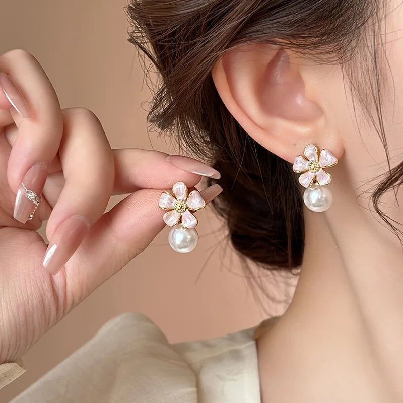 Pink Enamel Oil Flower Drop Earrings Elegant Imitation Pearl Dangle Earrings for Women Wedding Party Cute Korean Jewelry Gift
