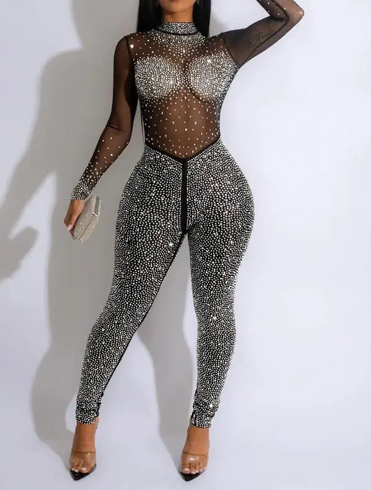 Sexy Party Jumpsuits Women 2024 Autumn Solid Mesh Diamond Fashion Long Sleeve Pants Jumpsuit Clubwear Female Overalls Streetwear