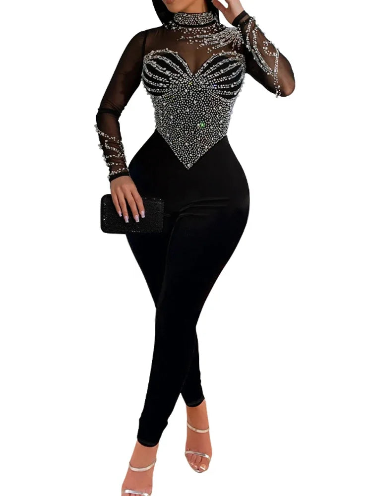 Pearls Rhinestone Romper for Women Jumpsuits Mesh See Through Skinny One Piece Overalls