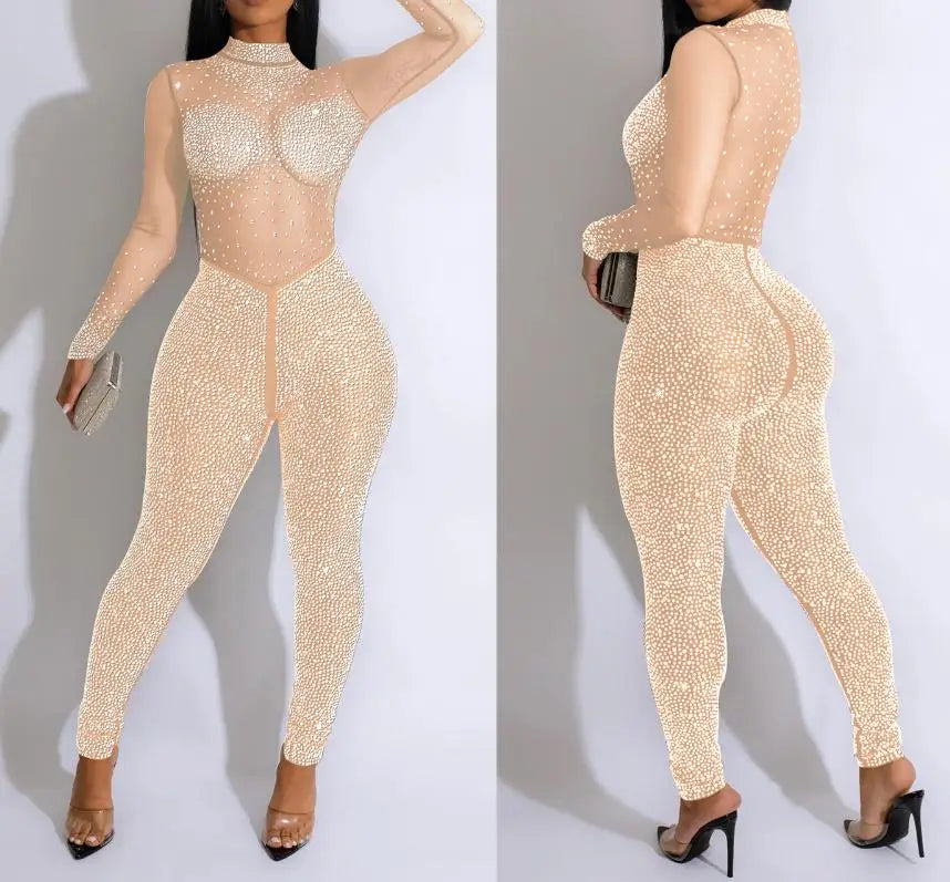 Sexy Party Jumpsuits Women 2024 Autumn Solid Mesh Diamond Fashion Long Sleeve Pants Jumpsuit Clubwear Female Overalls Streetwear