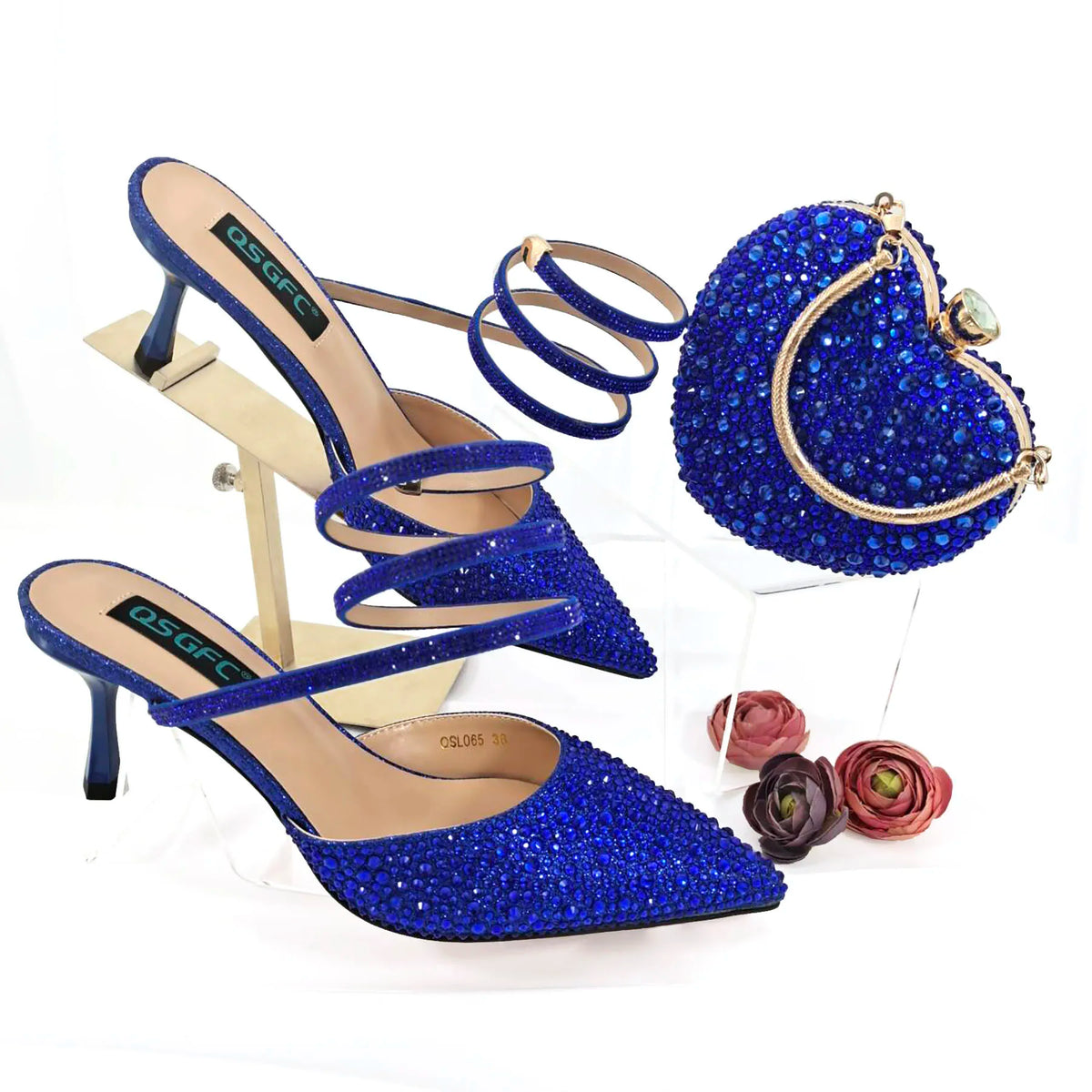 QSGFC Fashionable Girly Style Shoes And Bag Full Diamond Women's Pointed Toe High Heels African Popular Wedding Shoes and Bag