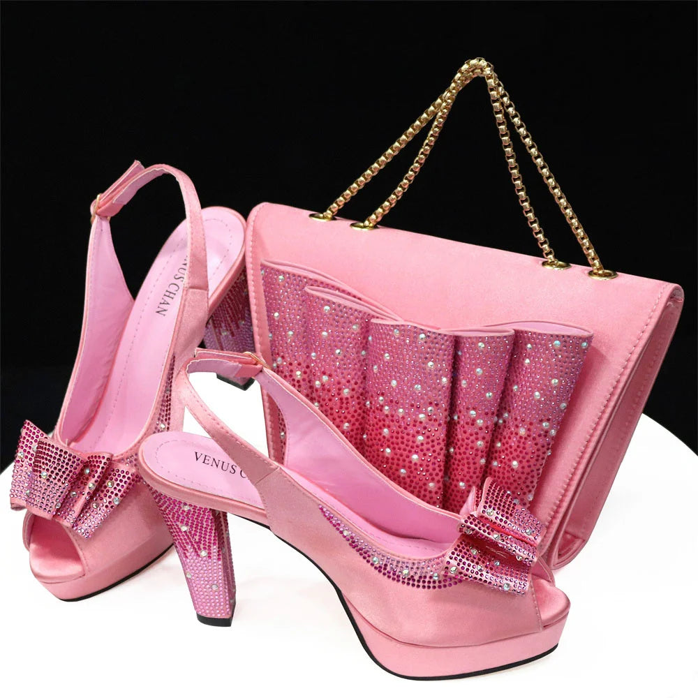 Venus Chan Women High Heels Sandals Printing Flower Material with Rhinestone Italian Design Coffee Color Open-Toed Shoes