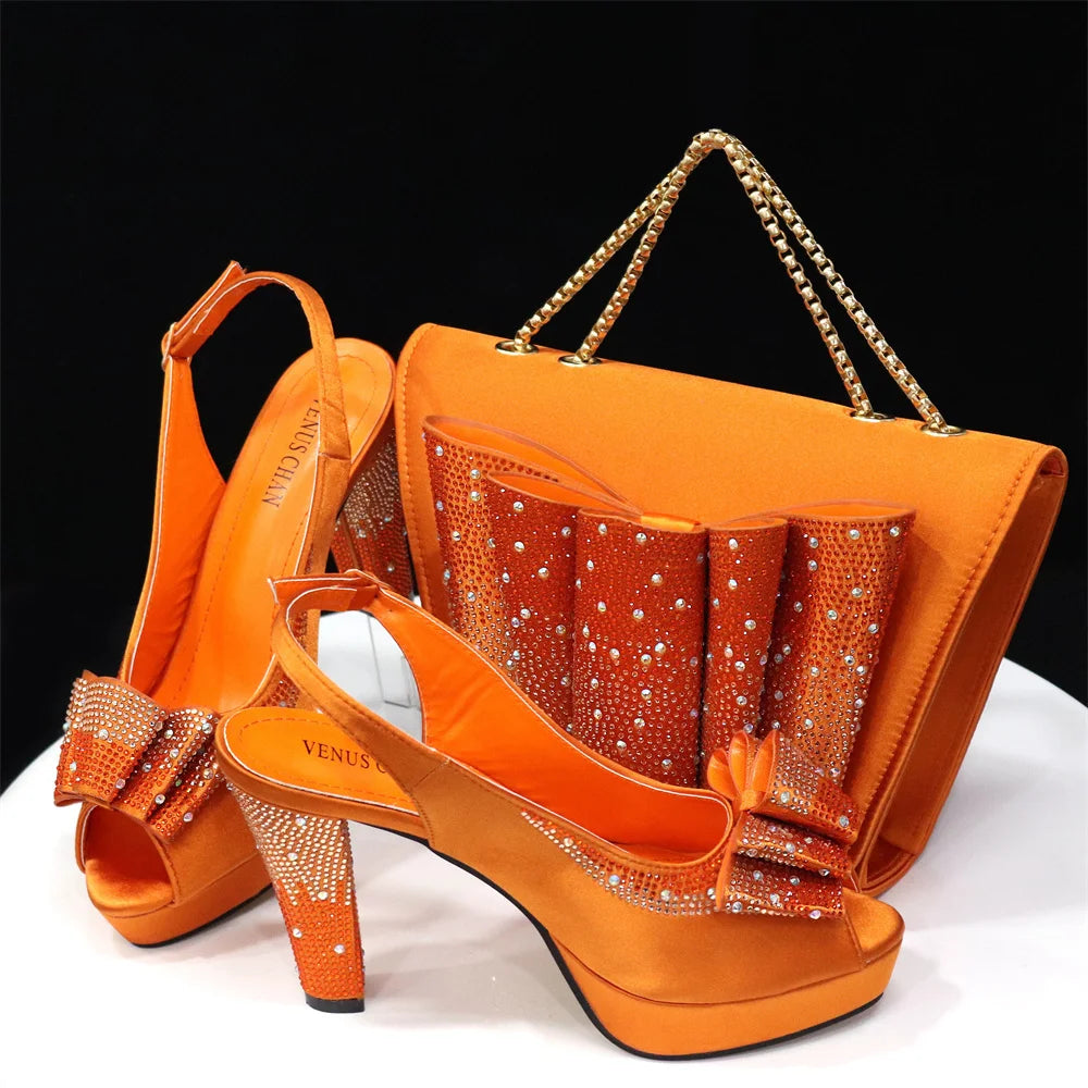 Venus Chan Women High Heels Sandals Printing Flower Material with Rhinestone Italian Design Coffee Color Open-Toed Shoes
