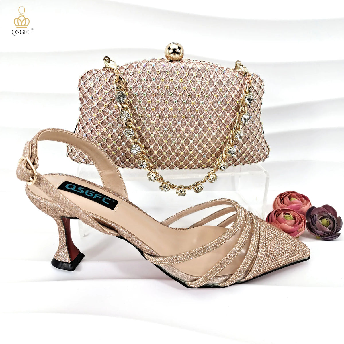 QSGFC New Nigerian Popular Sparkling Full Diamond Decoration Simple Versatile Wine Women's Shoes and Party Wedding Bags