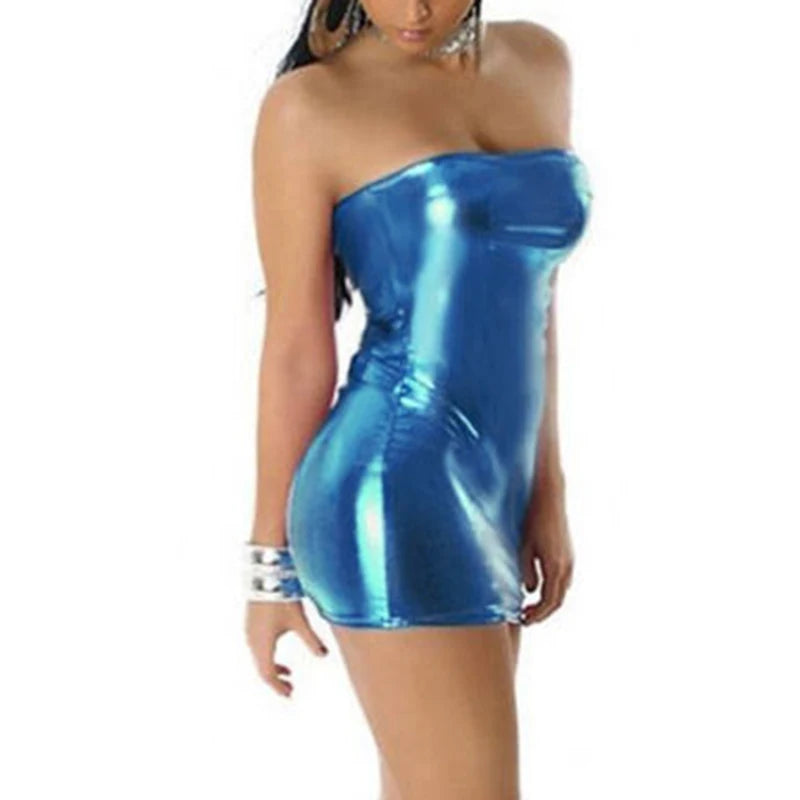 Sexy Women Patent Leather Wet Look Tube Dress Bodycon Clubwear Imitation Leather Chest Wrap Dress Short Skirt Brand New