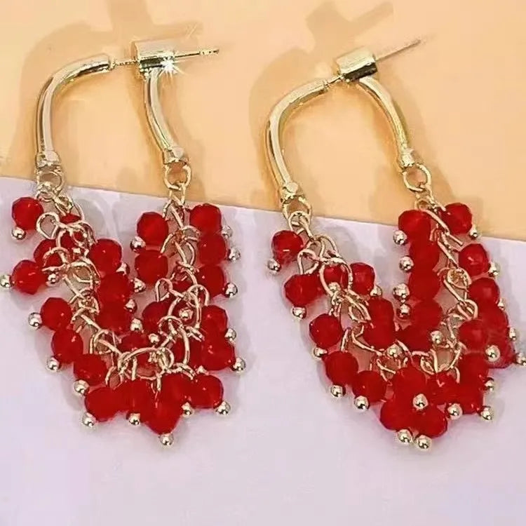 New Unique Design Sense Chinese Red Beaded Earrings 2024 New Trendy and Elegant Personalized Fashionable Slim Earrings