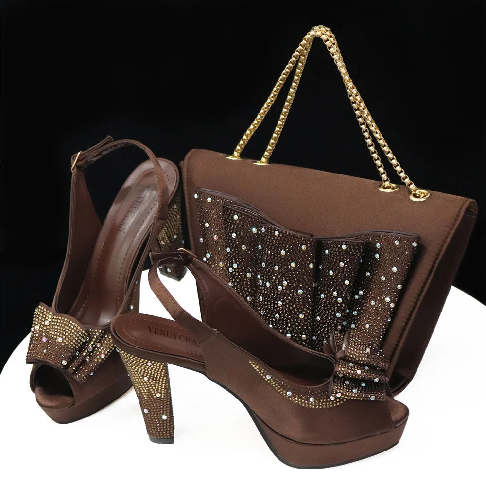 Venus Chan Women High Heels Sandals Printing Flower Material with Rhinestone Italian Design Coffee Color Open-Toed Shoes