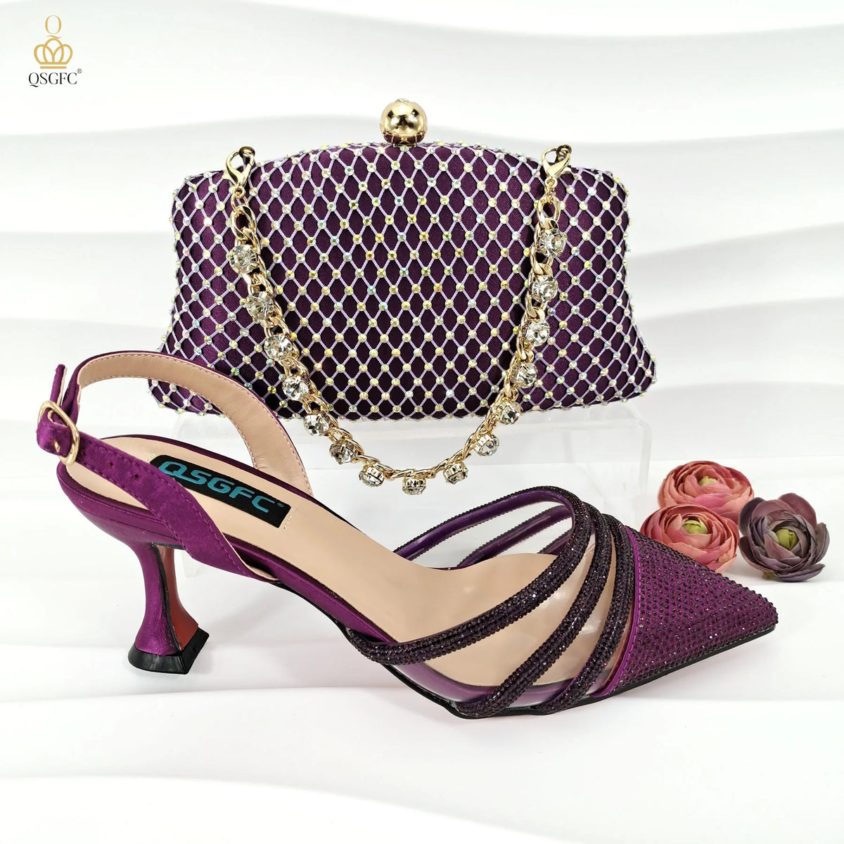 QSGFC New Nigerian Popular Sparkling Full Diamond Decoration Simple Versatile Wine Women's Shoes and Party Wedding Bags