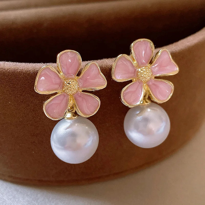 Pink Enamel Oil Flower Drop Earrings Elegant Imitation Pearl Dangle Earrings for Women Wedding Party Cute Korean Jewelry Gift