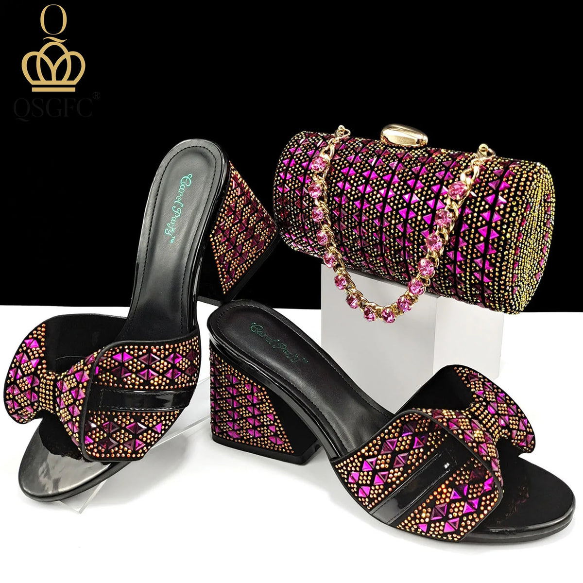 QSGFC Italian Fashion Banquet Shoes and Bags African Women's Hand Bags with Rhinestone Decoration and Women's High Heels