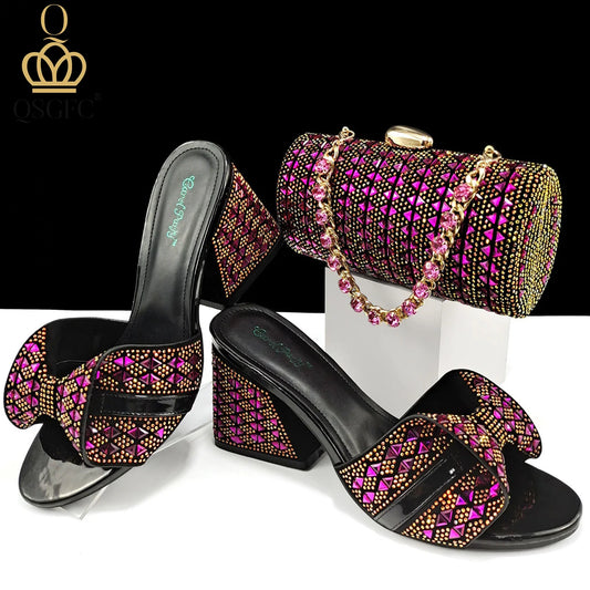QSGFC Italian Fashion Banquet Shoes and Bags African Women's Hand Bags with Rhinestone Decoration and Women's High Heels