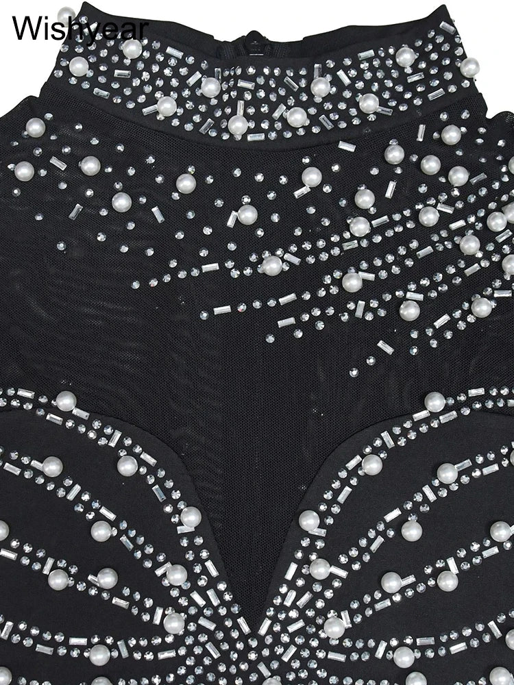 Wishyear Sparkle Pearls Rhinestones Patchwork Long Pants Jumpsuits Women's Sleeveless Night Out Rompers Birthday Evening Outfits