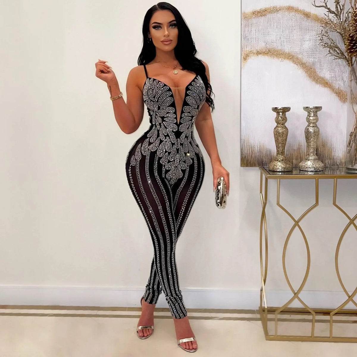 Sexy Nightclub Party Party Club Prom Slimming Hot Rhinestone Halter Jumpsuit